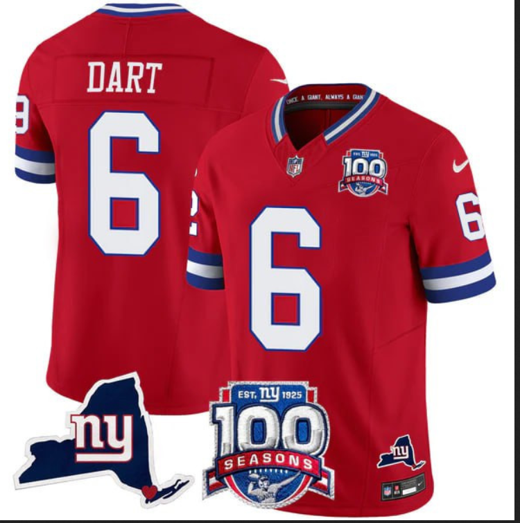 Men New York Giants #6 Jaxson Dart 100th Season State Patch Vapor red Limited Jersey->women nfl jersey->Women Jersey